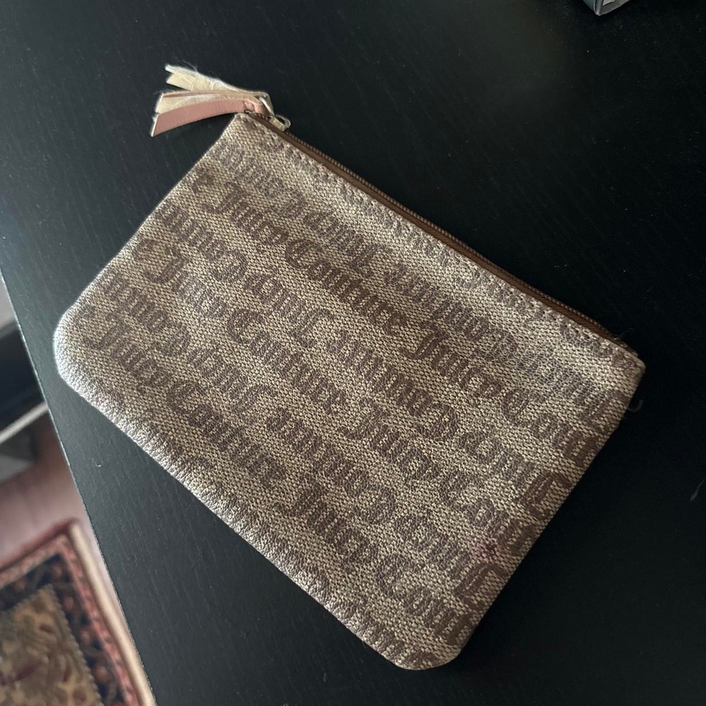 Juicy Couture Monogram Logo Canvas Zipper Pouch Tan Brown Makeup Bag